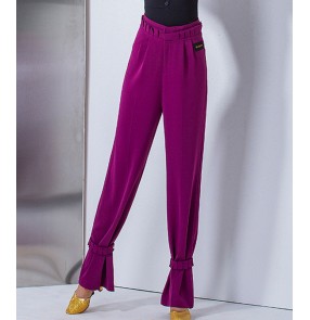 Fuchsia purple black modern ballroom dance pants for women Pleated high waist social ballroom dance ankle-tied trousers practice clothes