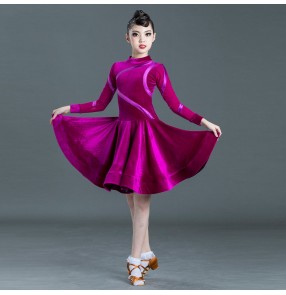 Fuchsia velvet latin dance dresses for girls kids latin dance skirts ballroom latin dance costumes for girls