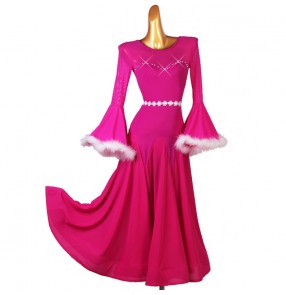 Fuchsia with white feather competition ballroom dancing dresses for women girls black long flare sleeves waltz tango dance long dress