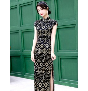 Geometry printed Chinese dresses women traditional cheongsam qipao dresses Old Shanghai Long cheongsam young girl retro Chinese style dress