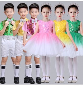 Girl Boys sequined jazz dance costumes toddler performing chorus pink yellow green princess dresses birthday party fluffy skirt dancing dance clothes