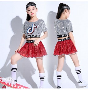 Girl Children silver with red Jazz Dance Costumes for Girls Children Stage Dance Clothes Tide Kid Hip hop rap Sequin Dance Suit