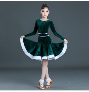 Girl kids royal blue velvet latin dance dress dark green latin dance skirts ballroom dance dresses stage performance modern dance dresses