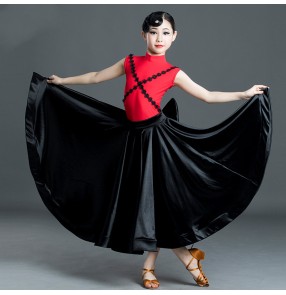 Girl's black with red ballroom dancing dresses competition ballroom dance costumes waltz tango dance dress for kids