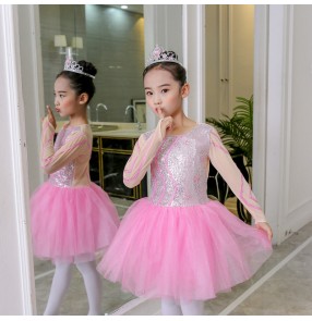 Girl school competition sequins chorus dress stage performance modern dance ballet dress puffy skirt children performance clothing princess dress long sleeves