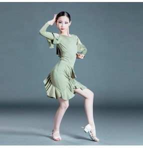 Girls army green Latin dance dresses kids stage performance long sleeves hollow shoulder ruffles skirts modern dance ballroom latin dance clothing for children