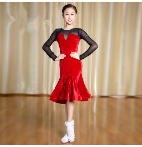 Girls ballroom dance dresses black with red long sleeves latin salsa chacha rumba samba stage performance competition skirt dresses