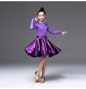 Girls ballroom dresses for kids children lace long sleeves stage performance competition rumba chacha salsa dancing costumes 