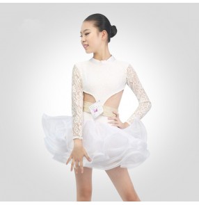 Girls ballroom latin competition dresses kids lace rhinestones stage performance rumba salsa chacha dance skirts costumes dress