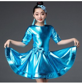 Girls ballroom latin dance dresses glitter blue silver gold samba chacha rumba modern dance stage performance costumes dresses