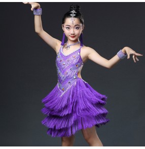 Girls ballroom latin dancing dresses neon green light pink violet blue rhinestones chacha rumba salsa competition skirt dress