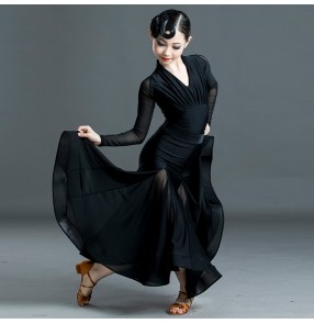 Girls black ballroom dance dress for kids tango waltz dance dress long sleeves black ballroom dancing costumes for girls