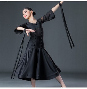 Girls black colored ballroom dance dresses girls competition ballroom dance skirt  big swing ballroom dance performance waltz dnace dresses