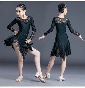 Girls black lace latin dance dress kids rumba salsa ballroom long sleeves leotard top tassels skirts latin dance costumes for children