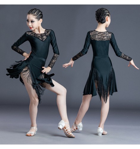 Girls black lace latin dance dress kids rumba salsa ballroom long ...