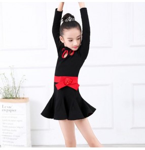 Girls black latin dress for kids children long sleeves rumba salsa chacha dancing costumes 