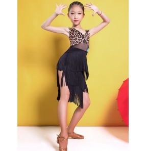 Girls black leopard Latin dance costume Children fringed latin dance dresses kids fringe dance skirt Children performance practice clothes