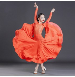 Girls black orange lace long sleeves ballroom dance dresses ballroom dance skirts stage performance waltz tango dance dresses for kids 