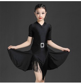 Girls black red white fringed latin dance dresses short sleeves latin skirts stage performance latin dance costumes for kids 