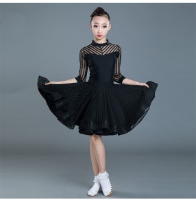 Girls black striped latin dance dresses competition stage performance latin rumba chacha dance dresses