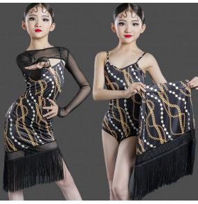 Girls black with gold printed fringed latin dance dresses kids children latin dance skirts stage performance latin dance costumes for children