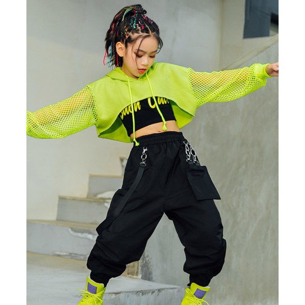 Girls black with green rap hiphop jazz dance costumes navel hip
