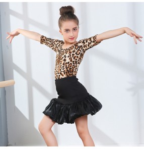 Girls black with leopard latin dance dresses competition stage performance rumba chacha salsa dance dresses