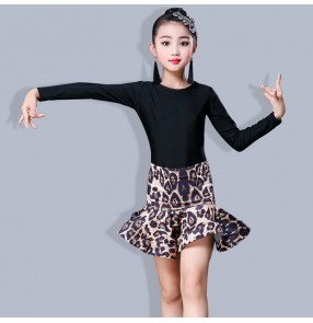 Girls black with leopard pinted latin dance dresses stage performance salsa chacha rumba dance body top and skirts dresses