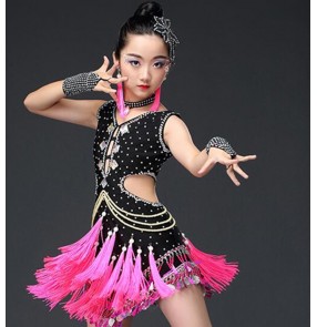 Girls black with pink rhinestones competition tassels latin dance dress for kids stage performance dance dress vestito da ballo latino per bambini