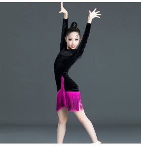 Girls black with pink Velvet latin dance dresses latin dance skirts for children salsa latin dress latin dance costumes for girls