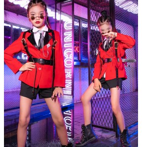 Girls Black with red jazz dance costumes catwalk model t-stage wear birthday gift for girl singers gogo dancers group jazz dance outfits for kids
