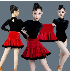 Girls black with red velvet latin dance tops and skirt stage performance latin salsa dance dress for children