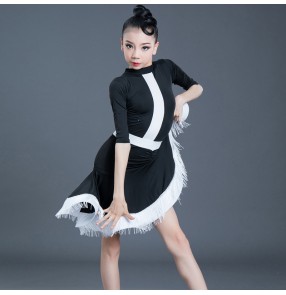 Girls black with white competition latin dance dresses  latin dance costumes salsa rumba chacha latin dance dress