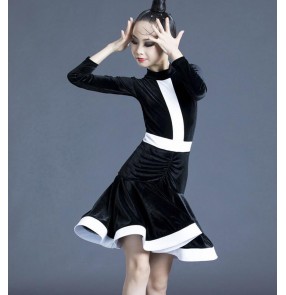 Girls black with white velvet latin dance dresses for kids ballroom dance salsa dance dresses for children