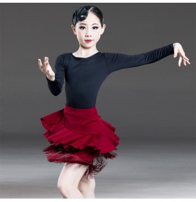 Girls black with wine colored latin dance dresses kids children stage performance rumba samba chacha salsa dance tops and skirts modern dance dresses