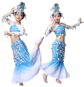 Girls blue colored chinese folk dance costumes ancient traditional peacock mermaid thailand style dai minority stage performance costumes 