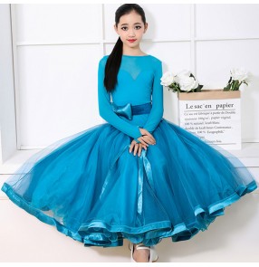 Girls blue colored competition ballroom dancing dresses kids children waltz tango dance dresses