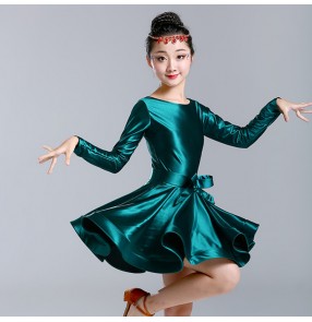 Girls blue green competition latin dance dresses kids children pink colored stage performance rumba salsa chacha samba dance dresses