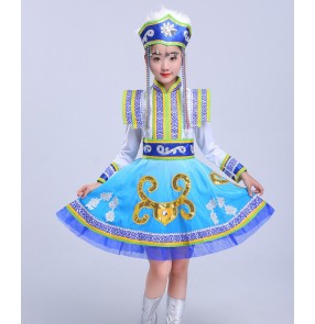 Girls blue Mongolian dresses children Mongolian costumes girls chopsticks dance costumes children chinese ethnic Mongolian dance costumes