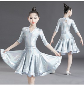 Girls blue pink silver Latin dance costume children girls glitter latin dance skirts long sleeve standard competition professional dress