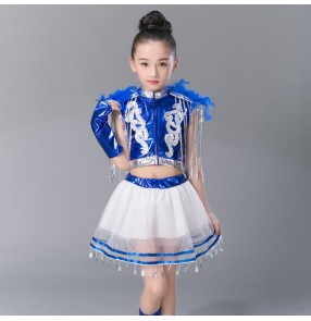 Girls boys blue red glitter children jazz dance costumes school show competition hiphop street dance outfits costumes