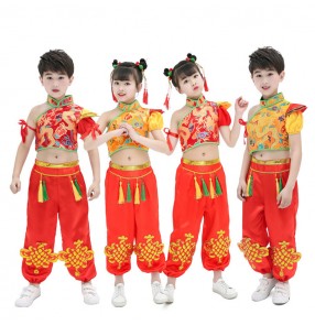 Girls boys chinese dragon boat folk dance costumes red gold stage performance china drummer performance clothes costumes