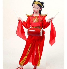 Girls boys chinese dragon folk yangko dance costumes drummer performance suit clothes for children