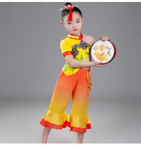 Girls boys Chinese folk dance costumes china drummer stage performance clothes dance wear costumes