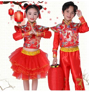 Girls boys Chinese gold dragon folk dance costumes Chinese Yangko Wushu Martial Art drummer Performance uniforms for Children Tang Suit