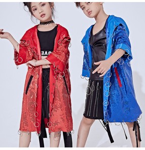 Girls boys hiphop dance outfits rap dancing drummer stage performance school competition professional street modern dance coat and shorts