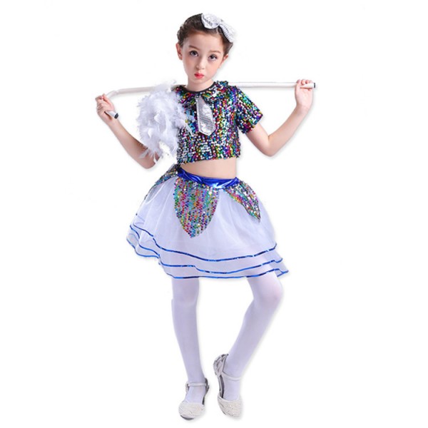 Girls boys kids children rainbow sequin jazz dance costumes modern ...