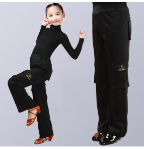 Girls boys latin dance pocket pants black wide leg ballroom dance long pants dance trousers for kids 