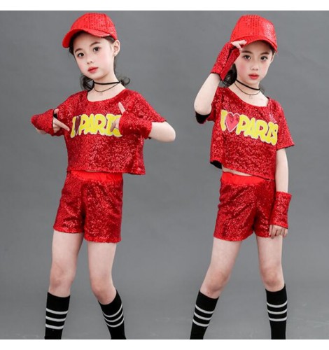 Girls boys modern dance seuin jazz dance costumes gold red blue colored ...