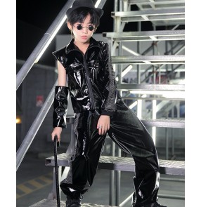 Girls boys motorcycle PU leather jazz hiphop rap dance clothing children fashion model catwalk suit gogo dancers stage performance costumes kids t-stage tide clothing
